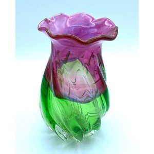 Watermelon Glass Two-Tone Vase Purple and Green With Blends of Blues and Purples